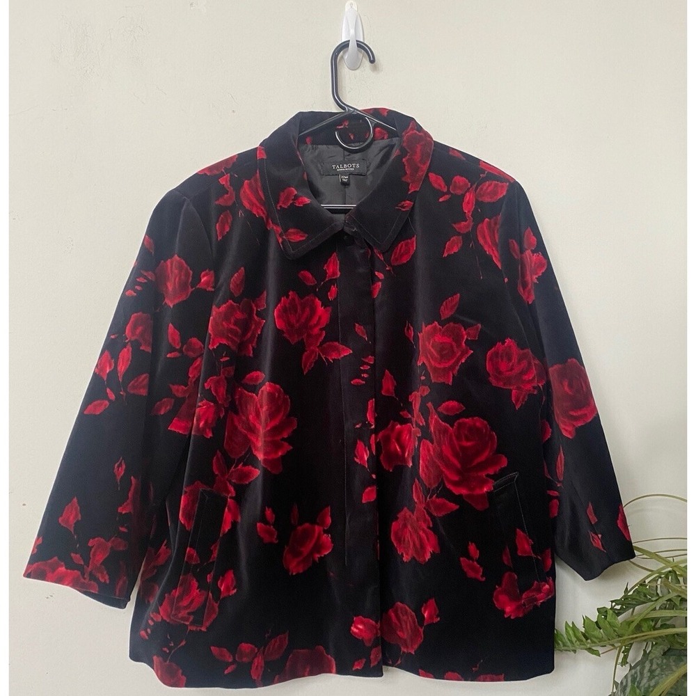 New Talbots Women's Petite Black Red Velvet Floral Print Blazer Jacket 22WP $159